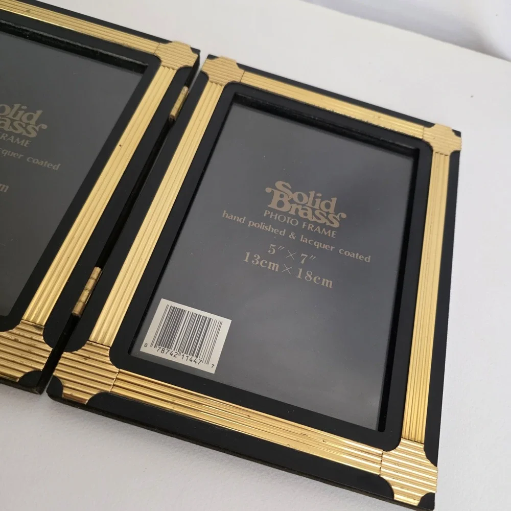 Solid Brass Double Photo Frame Black Gold Finish 5x7‎ Lacquer Coated Art Deco
